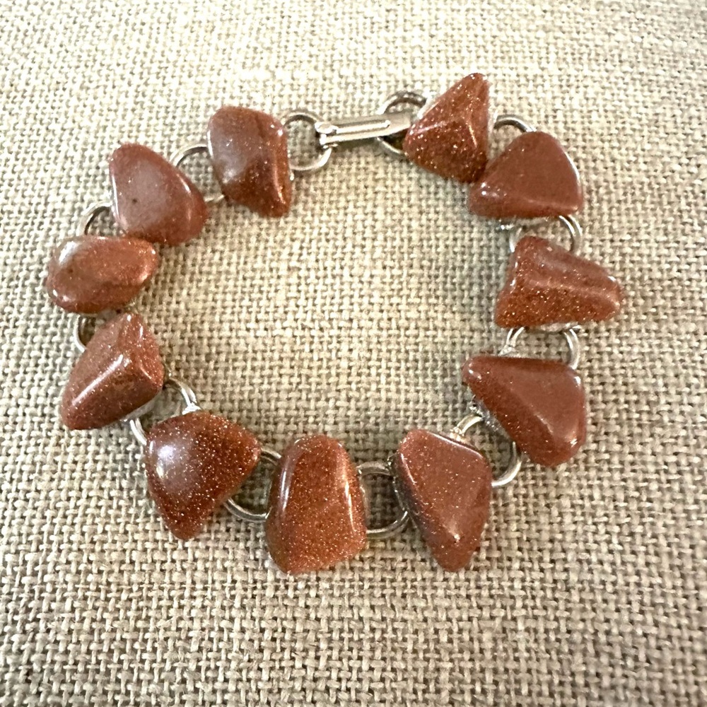 VINTAGE ARTISAN GOLDSTONE aka SANDSTONE SUNSTONE SILVER LINK BRACELET SPARKLE